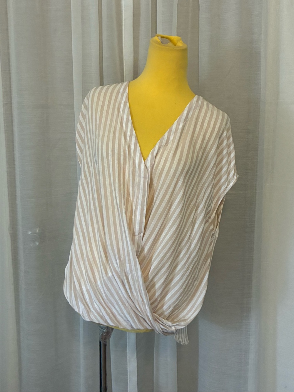 Mustard Seed Beige and White Striped Wrap Blouse